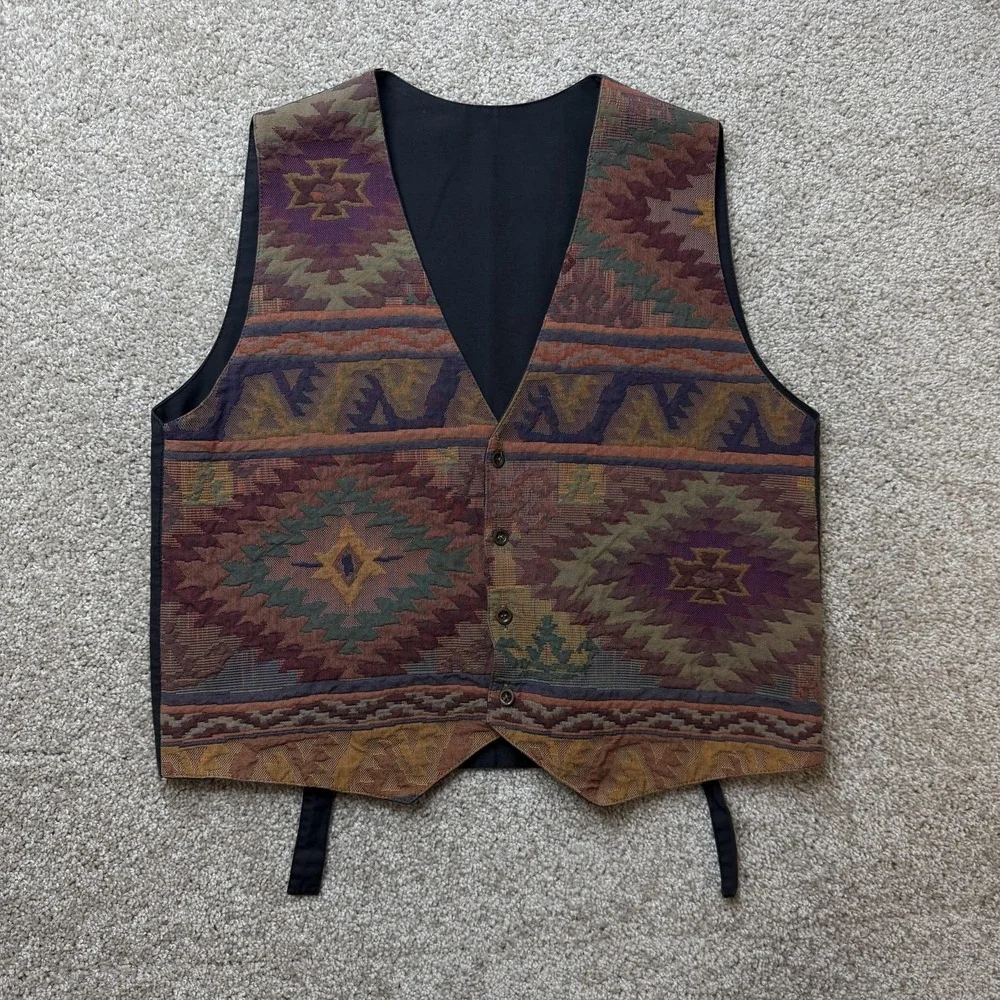 Suit Vest Mens Large Multicolor Aztec Geometric Belted Waistcoat Casual Tribal